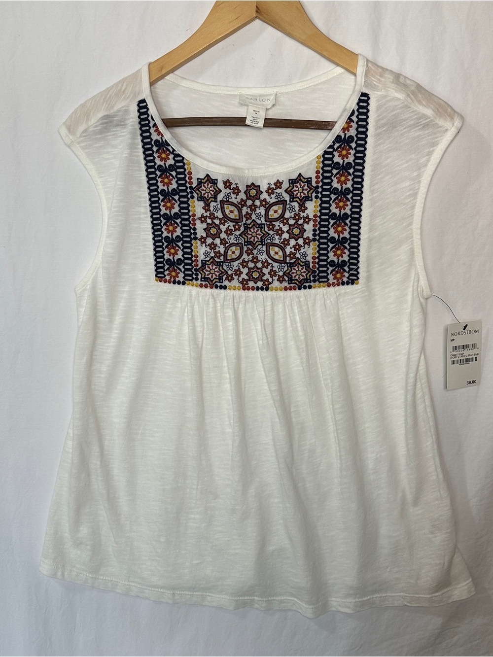 Caslon White Tank with Navy and Multicolor Embroidery